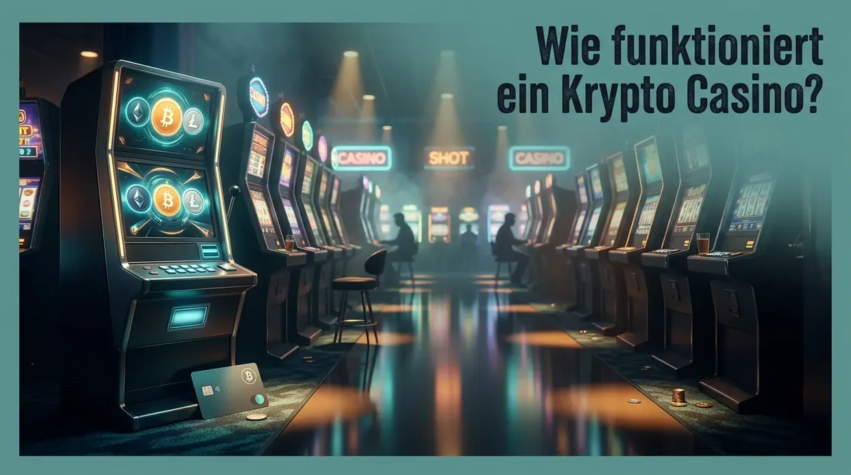 Krypto-Casino-Automat mit verschiedenen Münzsymbolen auf dem Display.